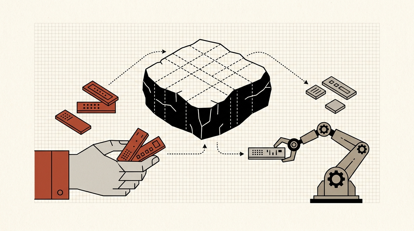 A large block being cut into smaller pieces, some handed to a robot arm, some kept by the developer