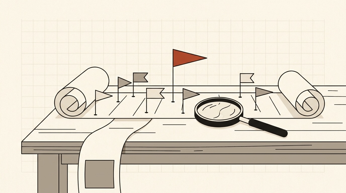 A paper timeline strip unrolled across a table with small flags pinned along it, one taller terracotta flag, and a magnifying glass resting on the strip