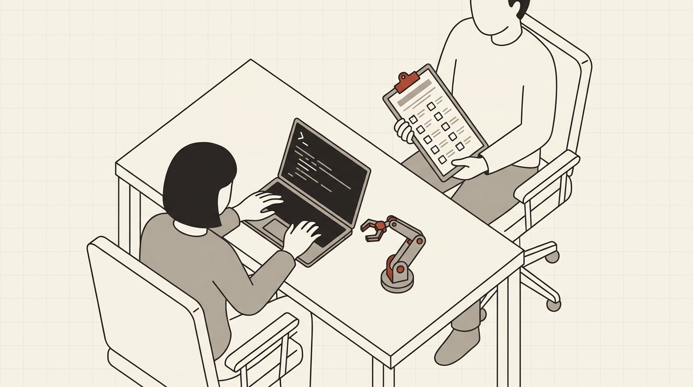 An interview desk seen from above: a candidate working with a laptop and a robot arm, an interviewer holding a rubric