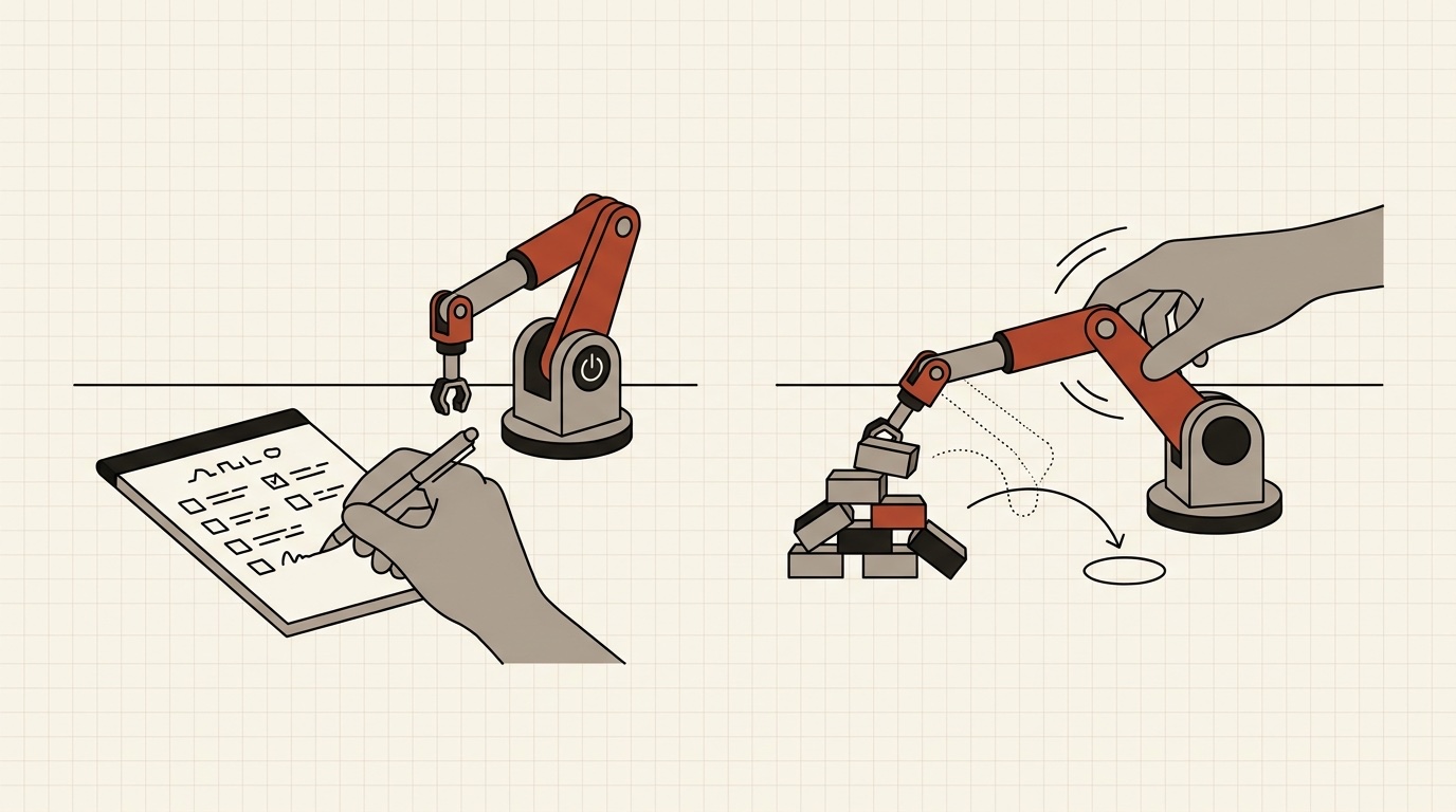 A hand writing a checklist before the robot arm starts, then redirecting the arm back to the right spot