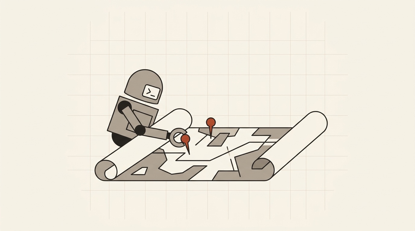 A small robot unrolling a map and pushing two new pins into it