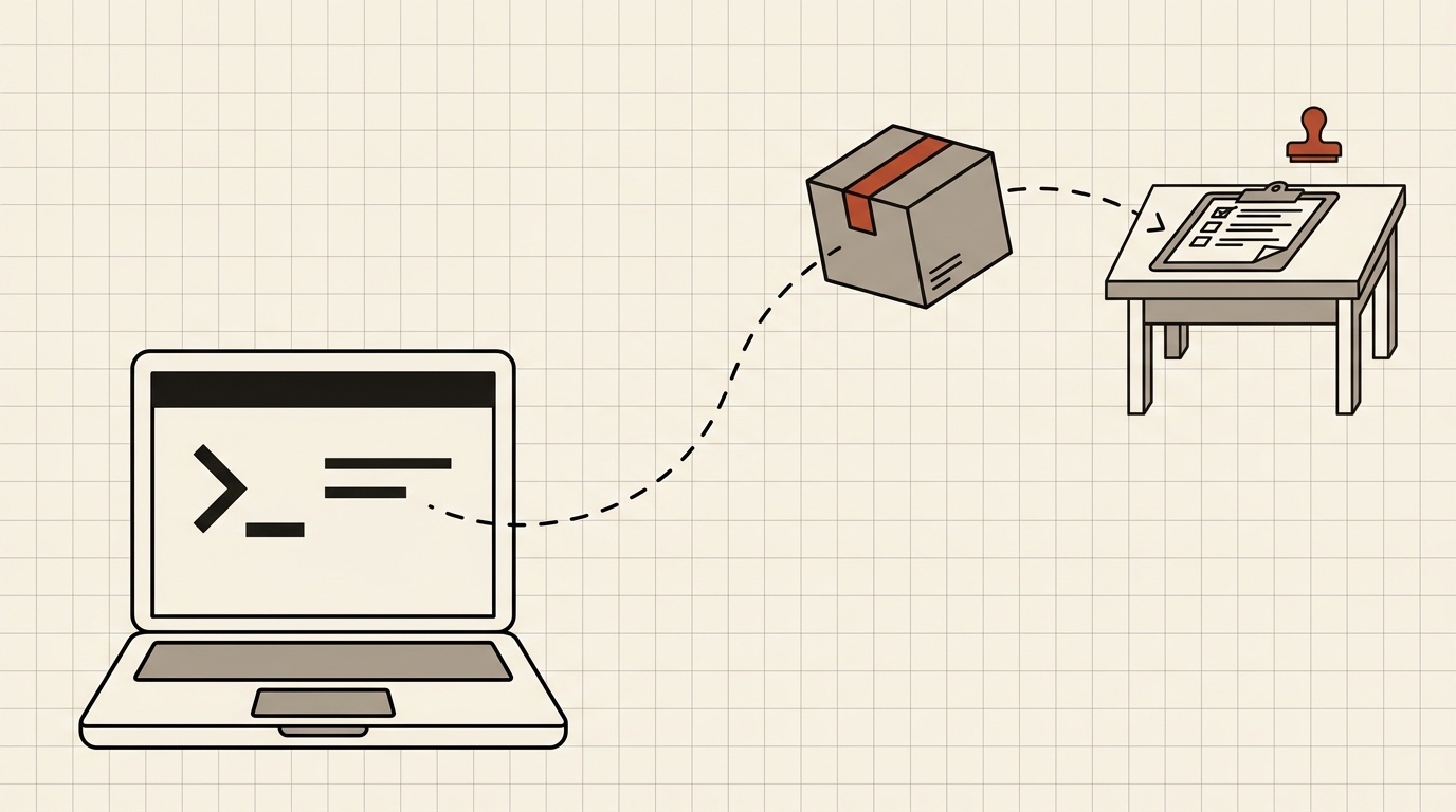 A laptop terminal sending a sealed parcel along a dashed path to a scoring desk