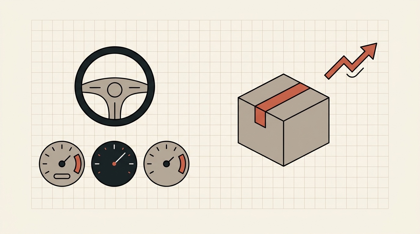 Three dials under a steering wheel, next to a shipped box and a rising arrow