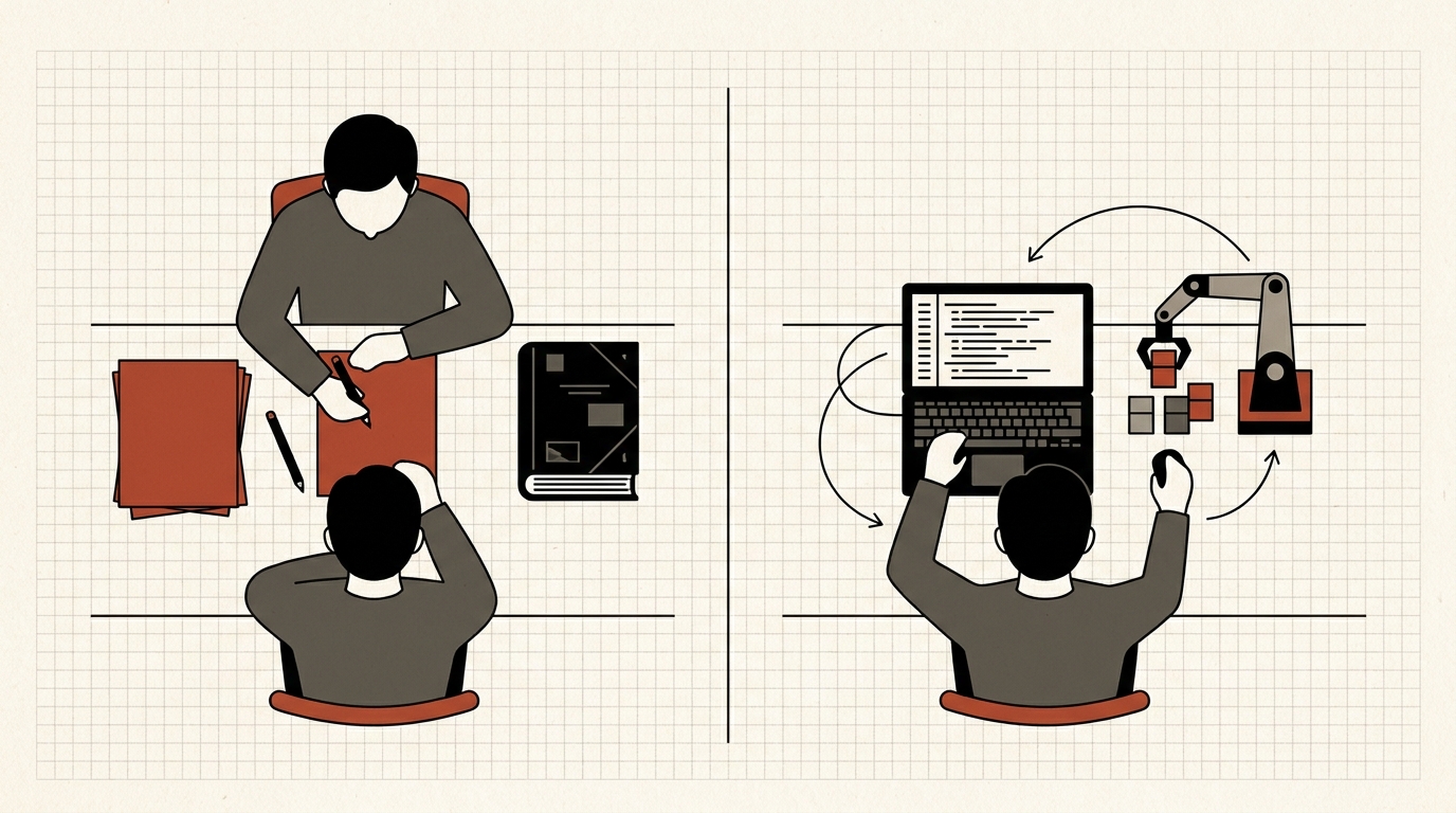 Two desks side by side: one with paper and a reference book, one with a laptop, a terminal and an AI agent