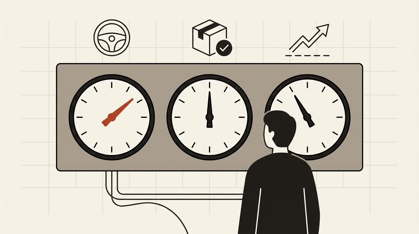 Three dials on a panel under a steering wheel, a shipped box with a check mark, and an arrow climbing over a baseline
