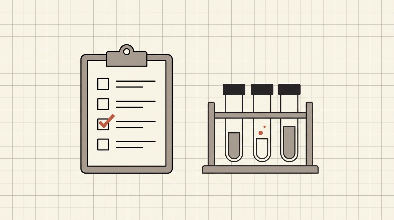A clipboard checklist with one item ticked beside a rack of test tubes