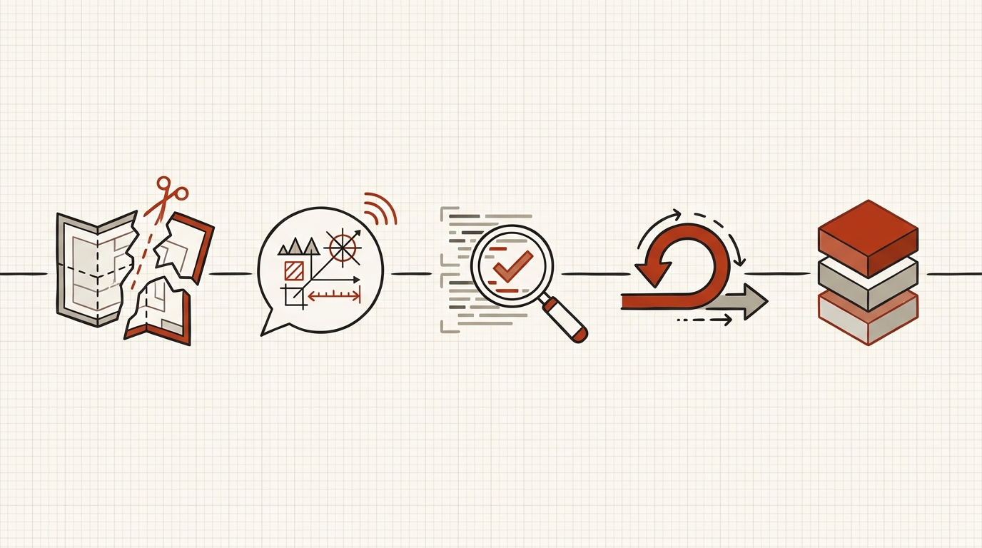 A session drawn as a timeline: planning, asking, verifying, recovering and a finished result