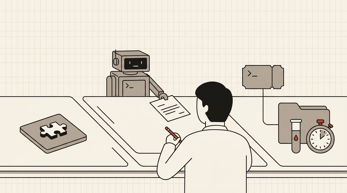 Three paths on a desk: a puzzle tile, a robot handing a page to a person, and a ticket connected to a folder, a test tube and a stopwatch