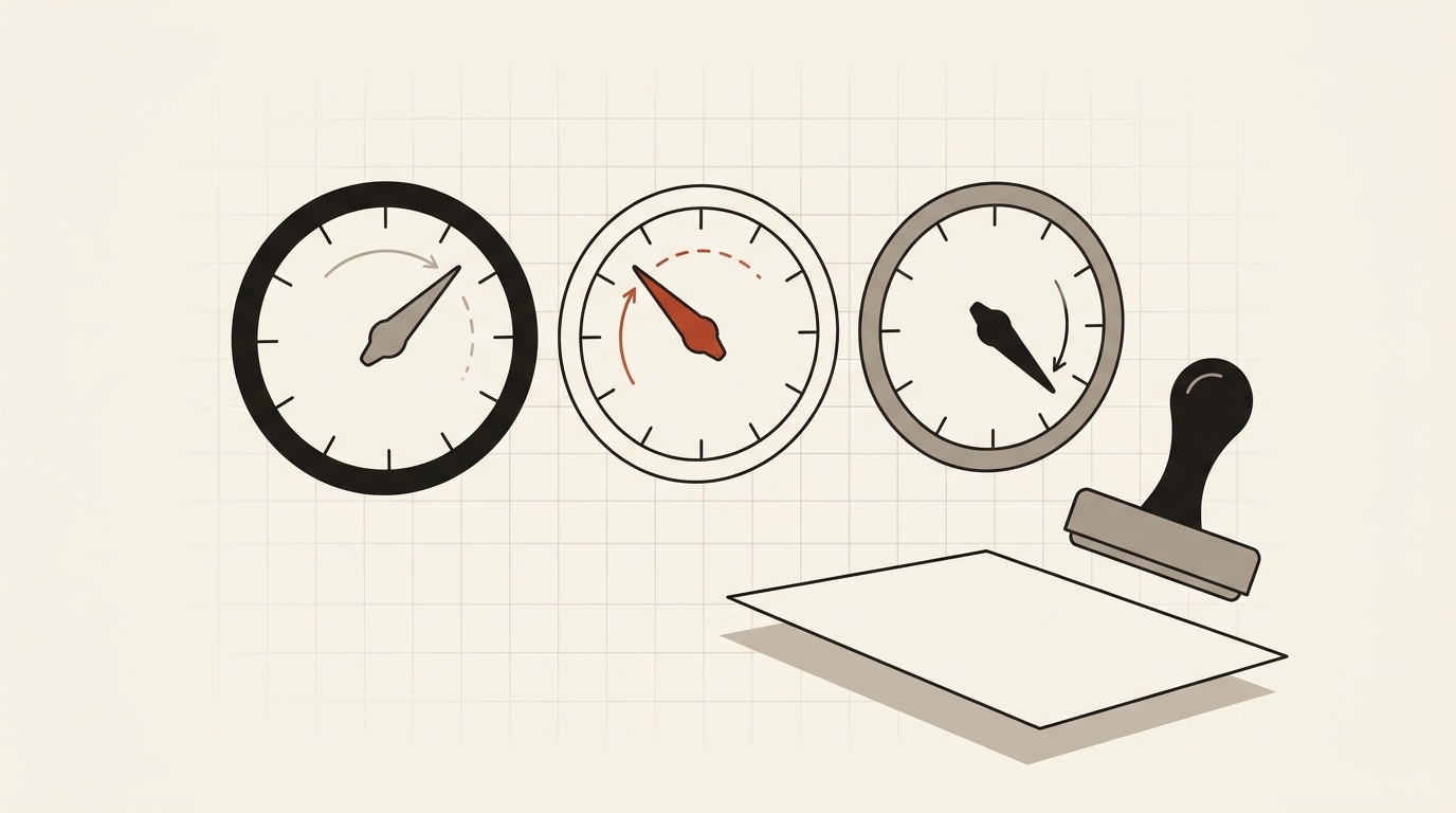 Three round analog dials with needles caught mid-sweep, and a rubber stamp about to press onto a sheet of paper
