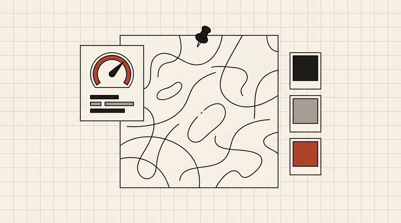 A small card with a round gauge icon pinned beside a large sheet of paper, with dark, gray and terracotta color swatches next to it