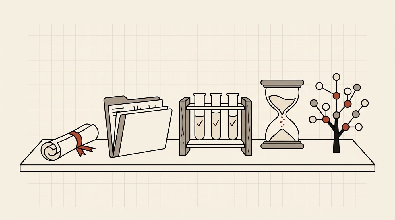Five objects on a desk: a scroll, a folder of starter files, test tubes with green ticks, an hourglass and a small tree diagram