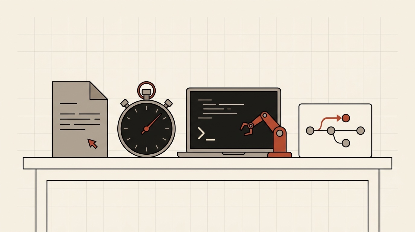 A practice kit laid out on a table: a spec document, a stopwatch, a laptop with a terminal and a robot arm, and a git branch diagram