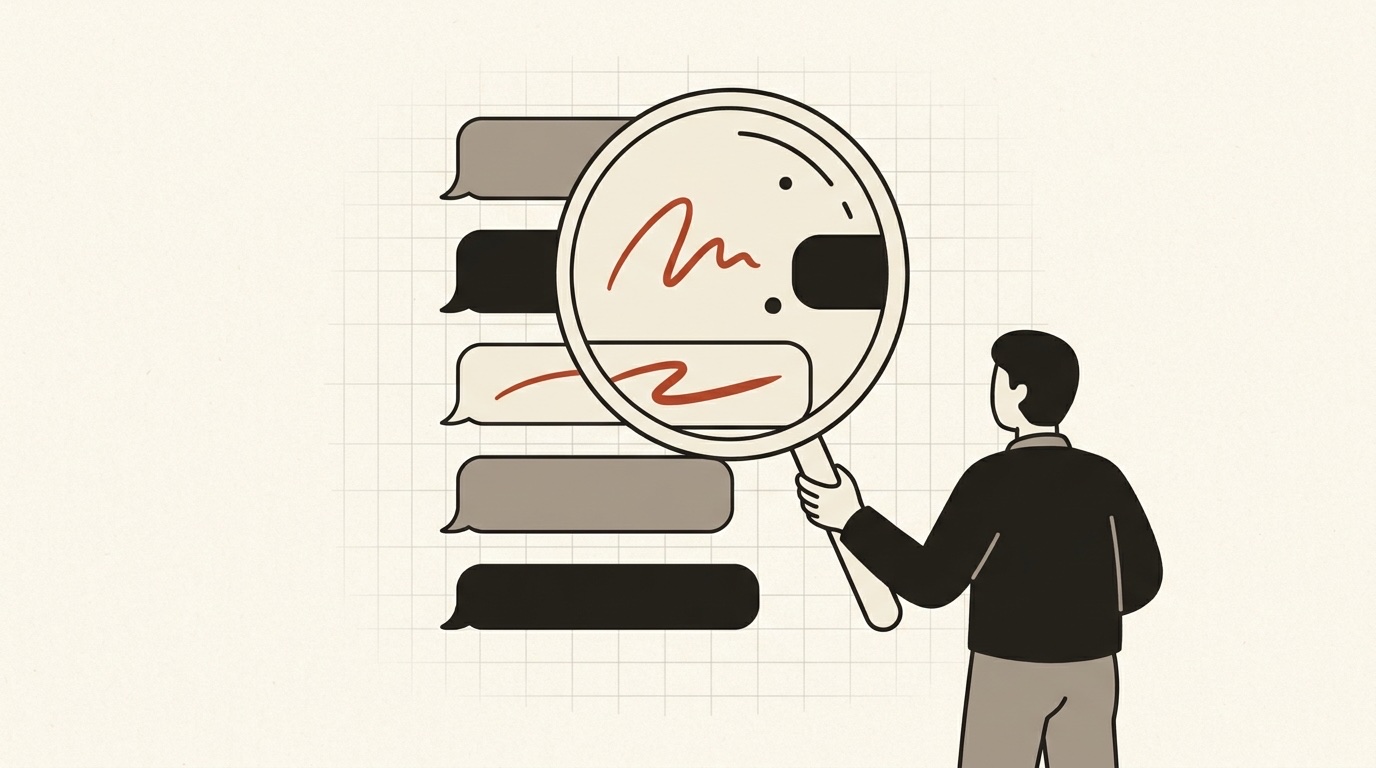 A magnifying glass held over a column of chat bubbles