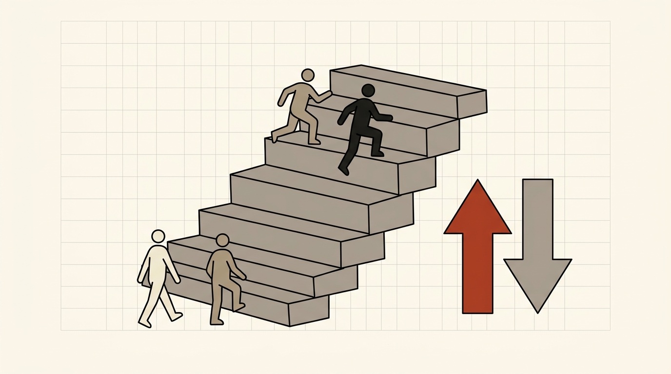 Wide stone steps rising left to right, small figures climbing near the top and walking at the bottom, with a terracotta up arrow and a gray down arrow beside them
