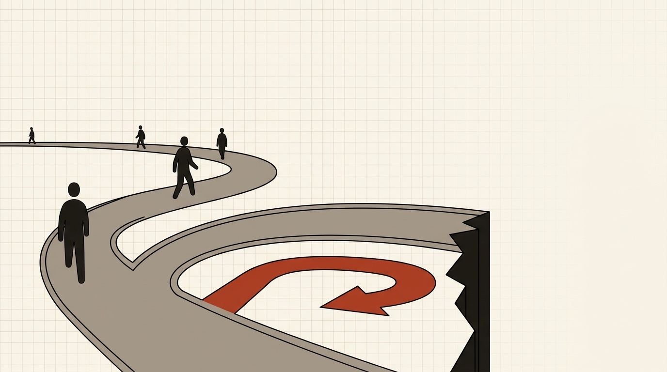 A winding road with a wrong turn toward a cliff edge and an arrow looping back onto the road