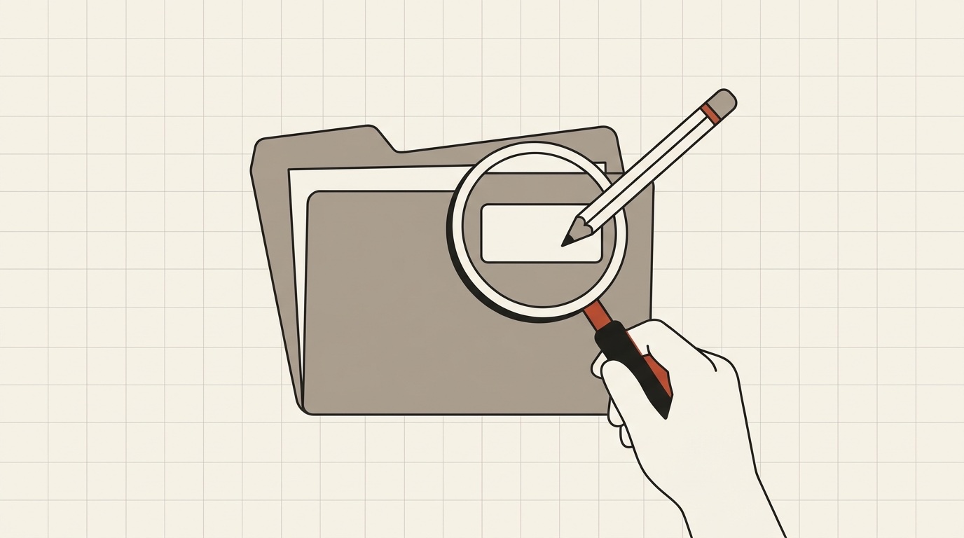 A magnifying glass over a blank label on a folder, with a pencil about to write on it