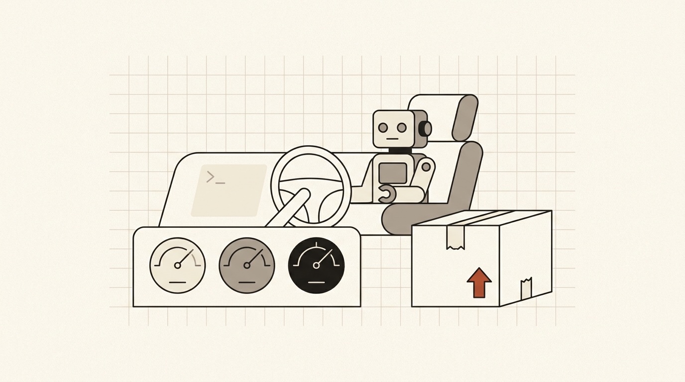 Three dials under a steering wheel, a shipped box with an arrow, and a small robot passenger