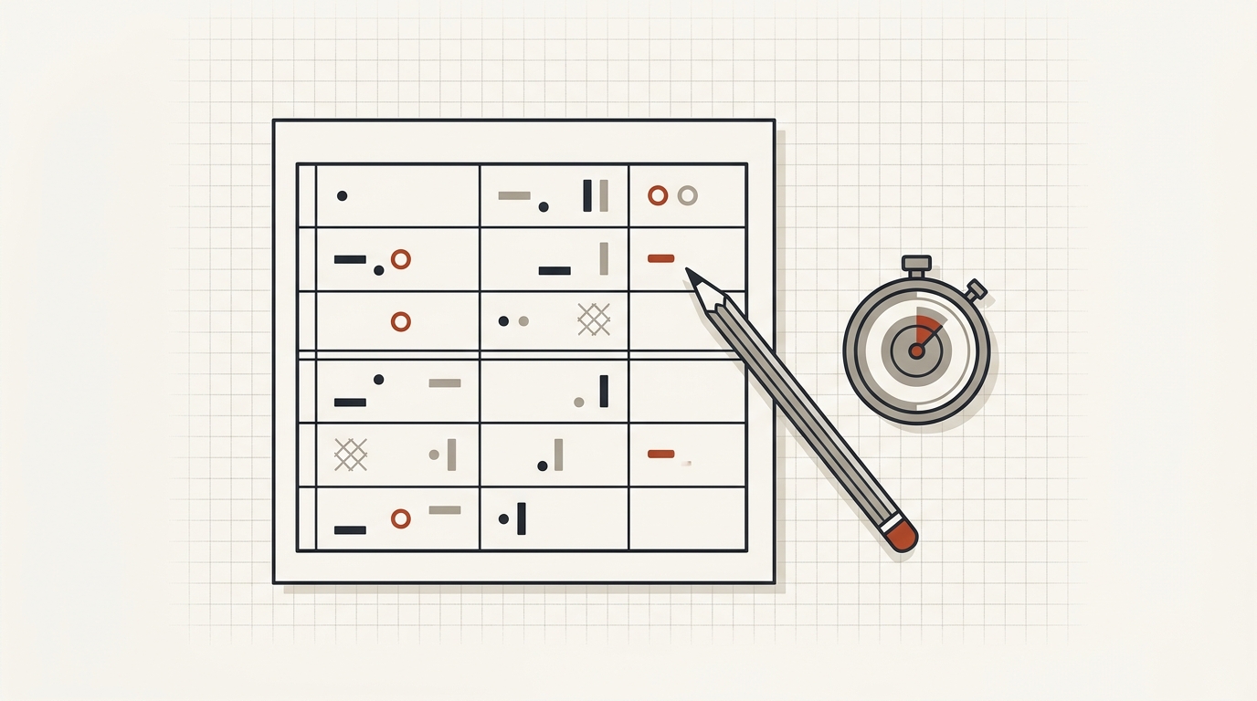 A scoring sheet on a desk with a pencil and a stopwatch
