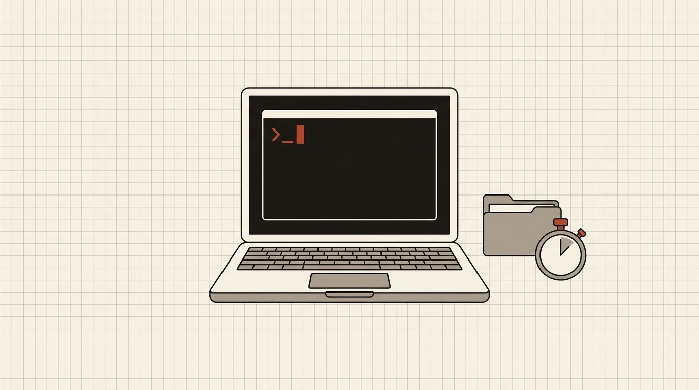 A laptop with an empty terminal, a folder and a stopwatch beside it