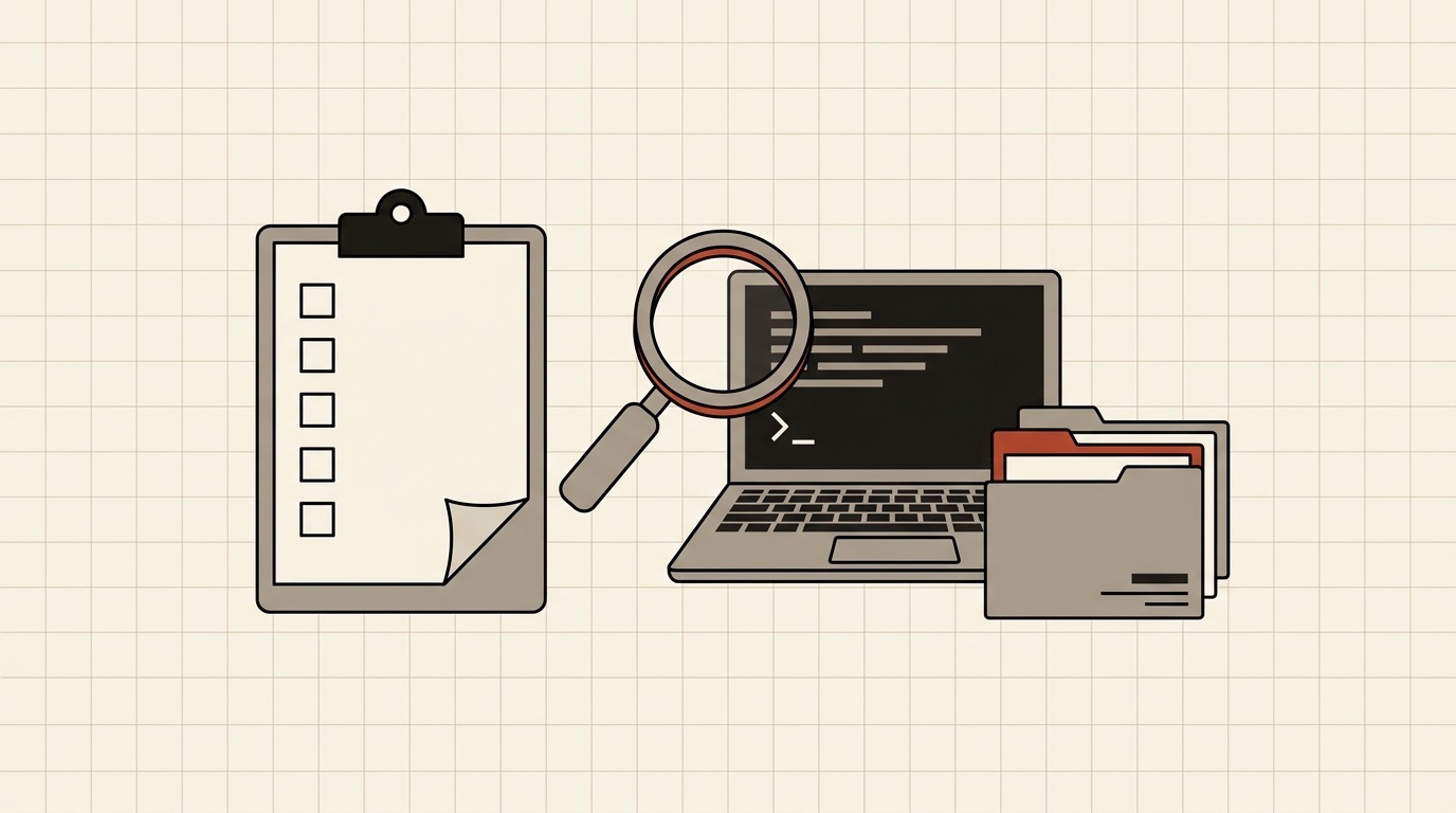 A clipboard with five empty checkboxes next to a magnifying glass over a laptop and folders
