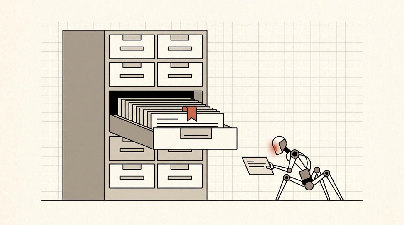 An index card cabinet with one drawer open and a small crawler robot reading a card